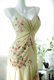 Vintage Light Green Spaghetti Strap Floral Design A-line Romantic Chiffon Evening Dress Prom Dress HZ0319