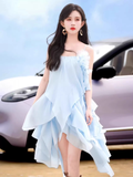 New Fashion Light Blue 3D Flower Spaghetti Strap Irregular Hem Design Summer Party Dress, HZ0319