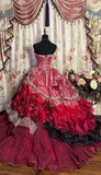 Wine Red Strapless A-Line Lace Floral Long Prom Dress Evening Ball Gown Sweet16 Dress, HZ0319