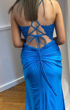 Fashion Prom Dress Blue Spaghetti Straps Slit Evening Dress Long Party Outfits Gala Gown HZ0319