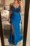 Fashion Prom Dress Blue Spaghetti Straps Slit Evening Dress Long Party Outfits Gala Gown HZ0319