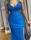 Fashion Prom Dress Blue Spaghetti Straps Slit Evening Dress Long Party Outfits Gala Gown HZ0319
