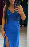 Fashion Prom Dress Blue Spaghetti Straps Slit Evening Dress Long Party Outfits Gala Gown HZ0319