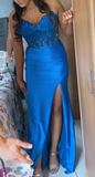 Fashion Prom Dress Blue Spaghetti Straps Slit Evening Dress Long Party Outfits Gala Gown HZ0319