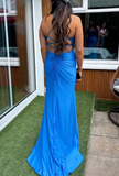 Fashion Prom Dress Blue Spaghetti Straps Slit Evening Dress Long Party Outfits Gala Gown HZ0319