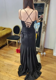 Sexy Prom Dress Black Spaghetti Straps Slit Long Gala Gown Evening Dress Party Outfits HZ0319
