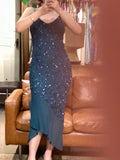 90s Retro Prom Dress Navy Blue Spaghetti Straps Beading Sheath Gala Gown Evening Dress Party Outfits HZ0319