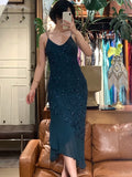 90s Retro Prom Dress Navy Blue Spaghetti Straps Beading Sheath Gala Gown Evening Dress Party Outfits HZ0319
