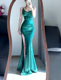 Elegant Prom Dress Spaghetti Straps Sheath Slit Mermaid Gala Gown Evening Dress Party Outfits HZ0319
