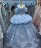 Charming Ball Gown Light Blue Off Shoulder Floral Evening Gala Gown Prom Dresses Quinceanera Dress HZ0319
