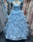 Beauty Ball Gown Light Blue Strapless Ruffle Evening Dress Gala Prom Gown Quinceanera Dress HZ0319