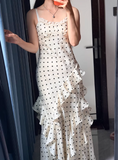 Chic Women Dress Spaghetti Straps Polka Dots Ruffle Birthday Party Outfits Seaside Dress Travel Dress HZ0319