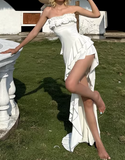 New Design Prom Dress White Strapless Pleated Gala Gown Evening Dress Party Outfits HZ0319