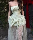 Beauty Prom Dress Light Green Strapless Slit Gala Gown Evening Dress Party Outfits HZ0319