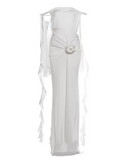 Beauty Prom Dress White Off Shoulder Pleated Blackless Gala Gown Evening Dress Birthday Party Outfits HZ0319