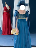 Pretty Imperial Prom Dress Blue Square Neck Pleated Gala Gown Evening Dress Party Outfits HZ0319