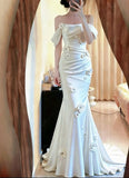 Elegant Wedding Dress Satin Off Shoulder Pleated Floral Mermaid Wedding Dress HZ0319
