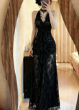 Sexy Prom Dress Black Halter Pleated Formal Gala Gown Evening Dress Party Outfits HZ0319