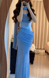 Shiny Prom Dress Blue Strapless Pleated Mermaid Formal Gala Gown Evening Dress Party Outfits HZ0319