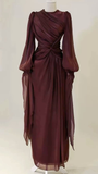 Modest Burgundy Long Sleeves Sheath Chiffon Long Party Dress Evening Dress, HZ0319