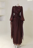 Modest Burgundy Long Sleeves Sheath Chiffon Long Party Dress Evening Dress, HZ0319