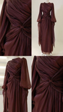 Modest Burgundy Long Sleeves Sheath Chiffon Long Party Dress Evening Dress, HZ0319
