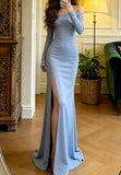 Pretty Prom Dress Light Blue Off Shoulder Slit Mermaid Gala Gown Formal Evening Dress Graduation Outfits HZ0319