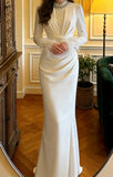 Stunning Prom Dress White Crew Neck Pleated Mermaid Gala Gown Formal Evening Dress Graduation Outfits HZ0319