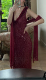 90s Shiny Prom Dress Wine Red V-neck Gala Gown Evening Dress Birthday Party Outfits HZ0319