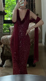 90s Shiny Prom Dress Wine Red V-neck Gala Gown Evening Dress Birthday Party Outfits HZ0319
