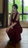 90s Shiny Prom Dress Wine Red V-neck Gala Gown Evening Dress Birthday Party Outfits HZ0319