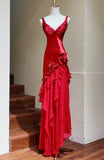 Vintage Prom Dress Red Straps Ruffle Pleated Formal Gala Gown Evening Dress Birthday Party Outfits HZ0319