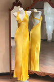 Stunning Prom Dress Yellow Halter Pleated Formal Gala Gown Evening Dress Birthday Party Outfits HZ0319