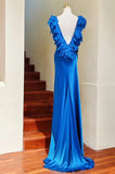 Elegant Prom Dress Satin Blue V-neck Backless Gala Gown Evening Dress Birthday Party Outfits HZ0319