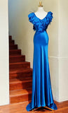 Elegant Prom Dress Satin Blue V-neck Backless Gala Gown Evening Dress Birthday Party Outfits HZ0319