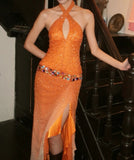Shiny Prom Dress Halter Pleated Slit Gala Gown Evening Dress Birthday Party Outfits HZ0319