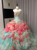 Colorful Ball Gown Strapless Floral Evening Dress Quinceanera Dress 18th Birthday Prom Gown HZ0319