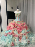 Colorful Ball Gown Strapless Floral Evening Dress Quinceanera Dress 18th Birthday Prom Gown HZ0319