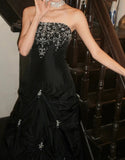 Chic Prom Dress Black Strapless Pleated Gala Gown Evening Dress Graduation Dress HZ0319