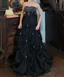 Chic Prom Dress Black Strapless Pleated Gala Gown Evening Dress Graduation Dress HZ0319