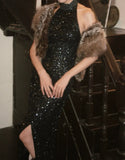Shiny Prom Dress Black Halter Slit Gala Gown Fomal Evening Dress Graduation Dress HZ0319