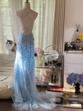 Retro Light Blue Applique Backless Design Romantic Chiffon Evening Dress Prom Dress HZ0319
