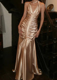 Chic Prom Dress Champagne Gold Halter Pleated Mermaid Gala Gown Fomal Evening Dress Graduation Dress HZ0319