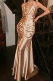 Chic Prom Dress Champagne Gold Halter Pleated Mermaid Gala Gown Fomal Evening Dress Graduation Dress HZ0319