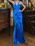 Stunning Prom Dress Royal Blue V-neck Pleated Mermaid Gala Gown Formal Evening Dress 18th Birthday Party Dress HZ0319