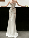 Elegant White Spaghetti Straps A-Line Flower Long Evening Party Dresses, HZ0319