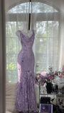 Vintage Light Purple Floral Applique Mermaid Cowl Neck Design Satin Prom Dress Evening Dress HZ0319