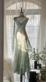 Light Green Spaghetti Straps Mermaid Beaded Fairy Long Evening Party Dresses, HZ0319