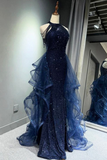 Dark Navy Halter Mermaid Sequins Long Formal Party Dresses Evening Gown, HZ0319