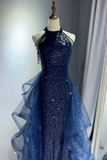 Dark Navy Halter Mermaid Sequins Long Formal Party Dresses Evening Gown, HZ0319
